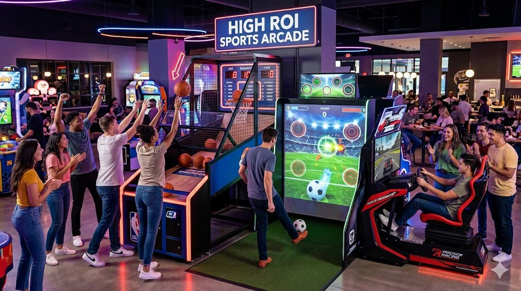 People playing basketball, soccer, and racing games at a sports arcade.