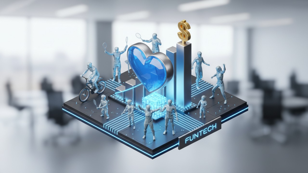 Isometric illustration showing health and ROI benefits of interactive sports equipment