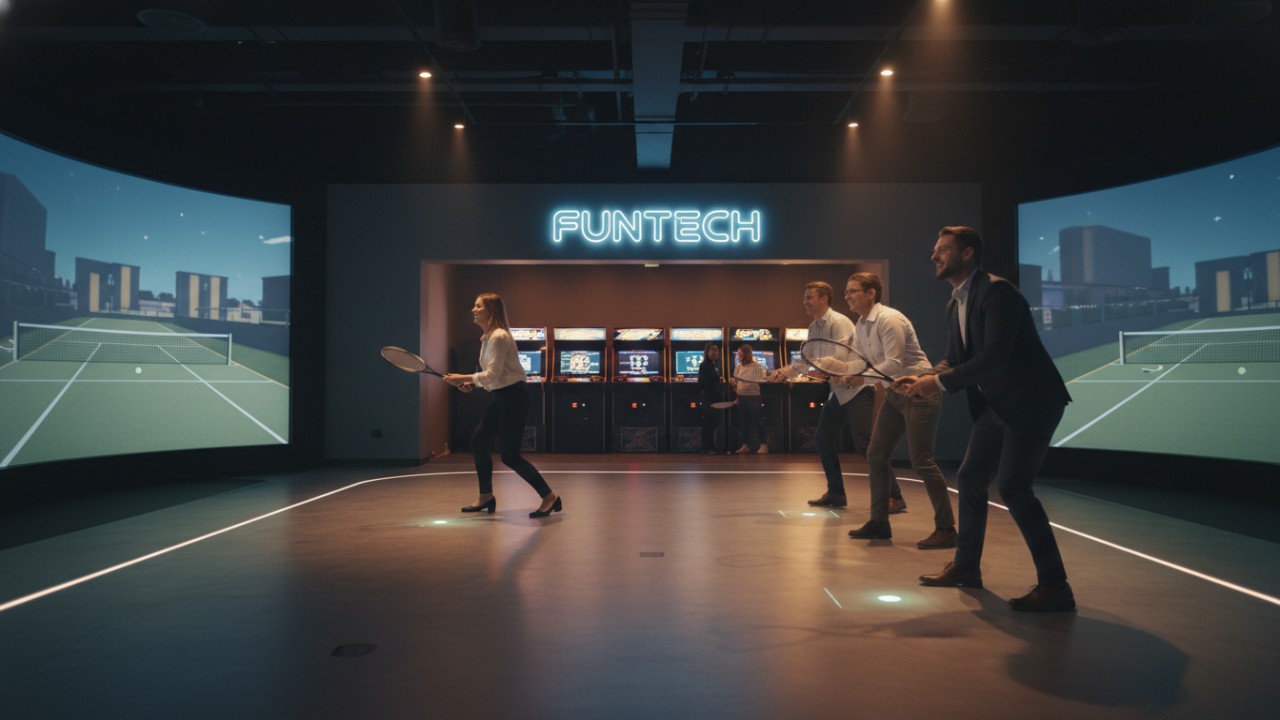 Modern entertainment venue layout showing interactive sports simulator and traditional arcade machines