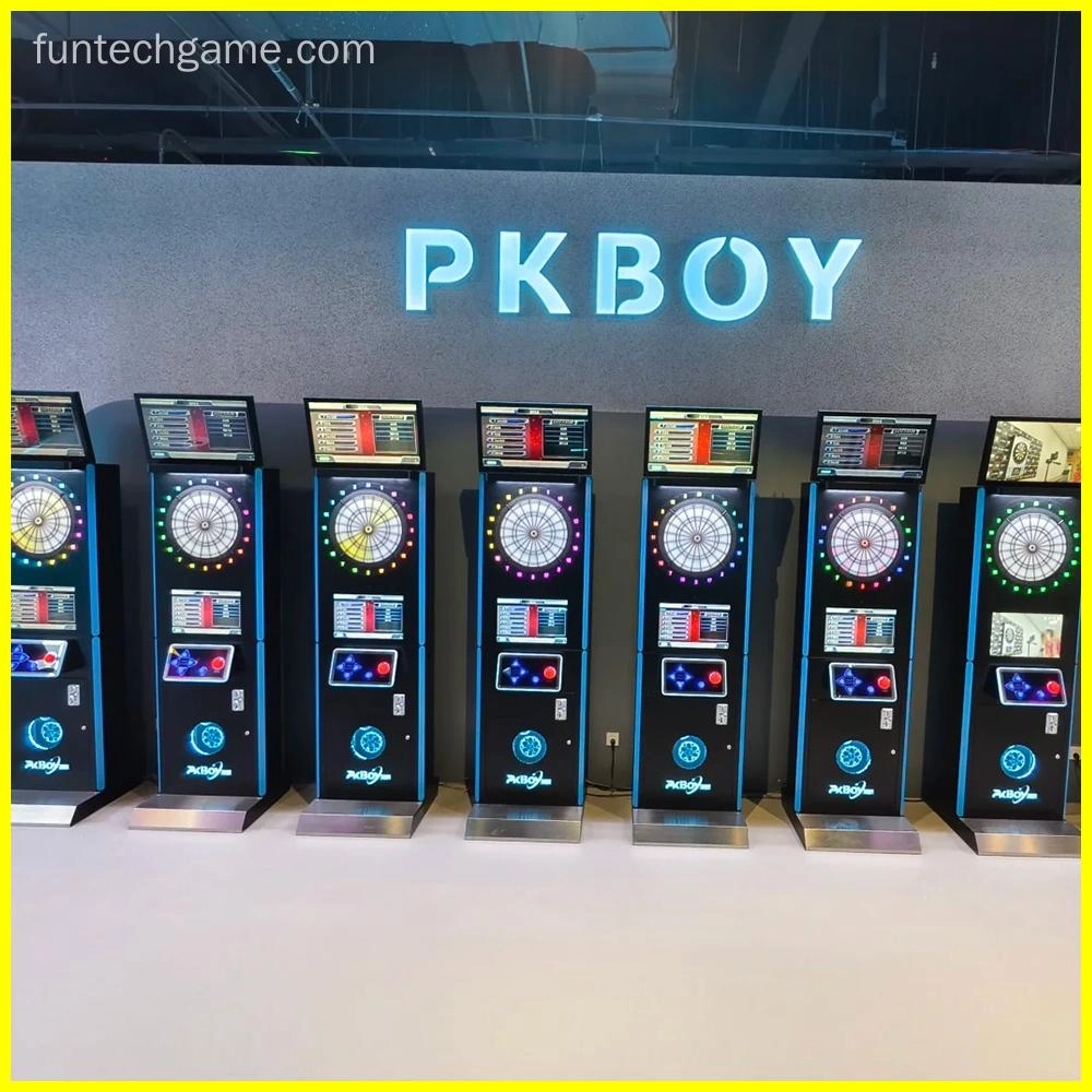 electronic dart machines with illuminated dartboards and screens.