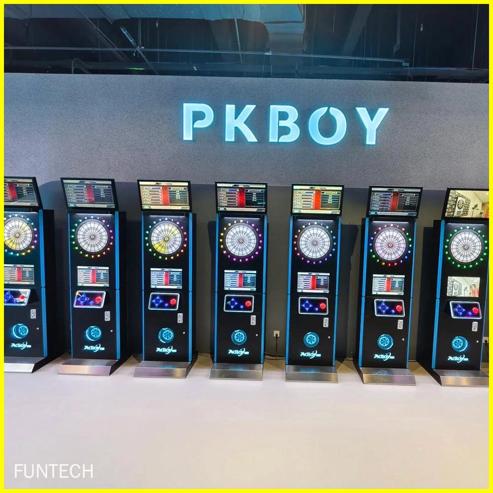 electronic dart machines with illuminated dartboards and screens.