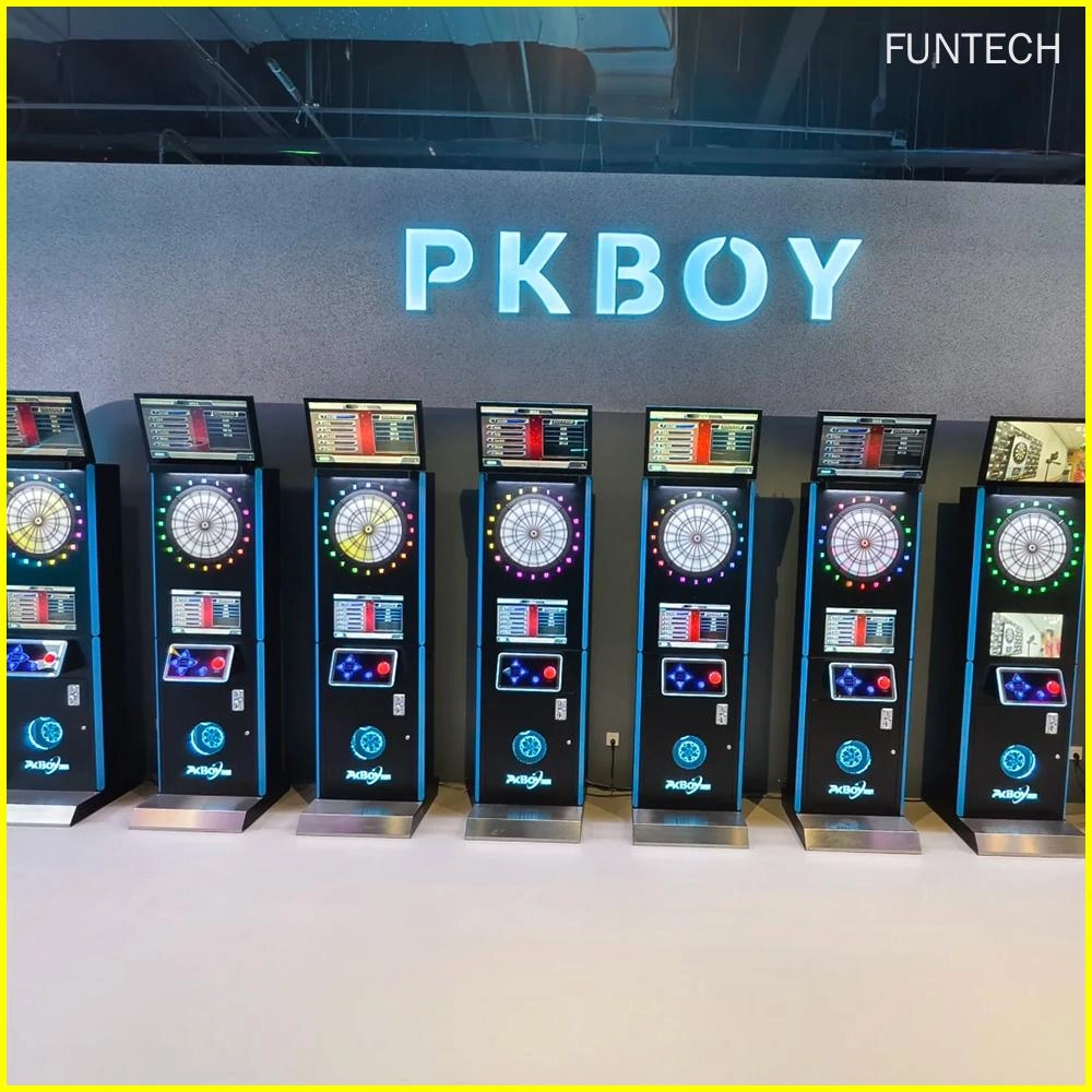 electronic dart machines with illuminated dartboards and screens.