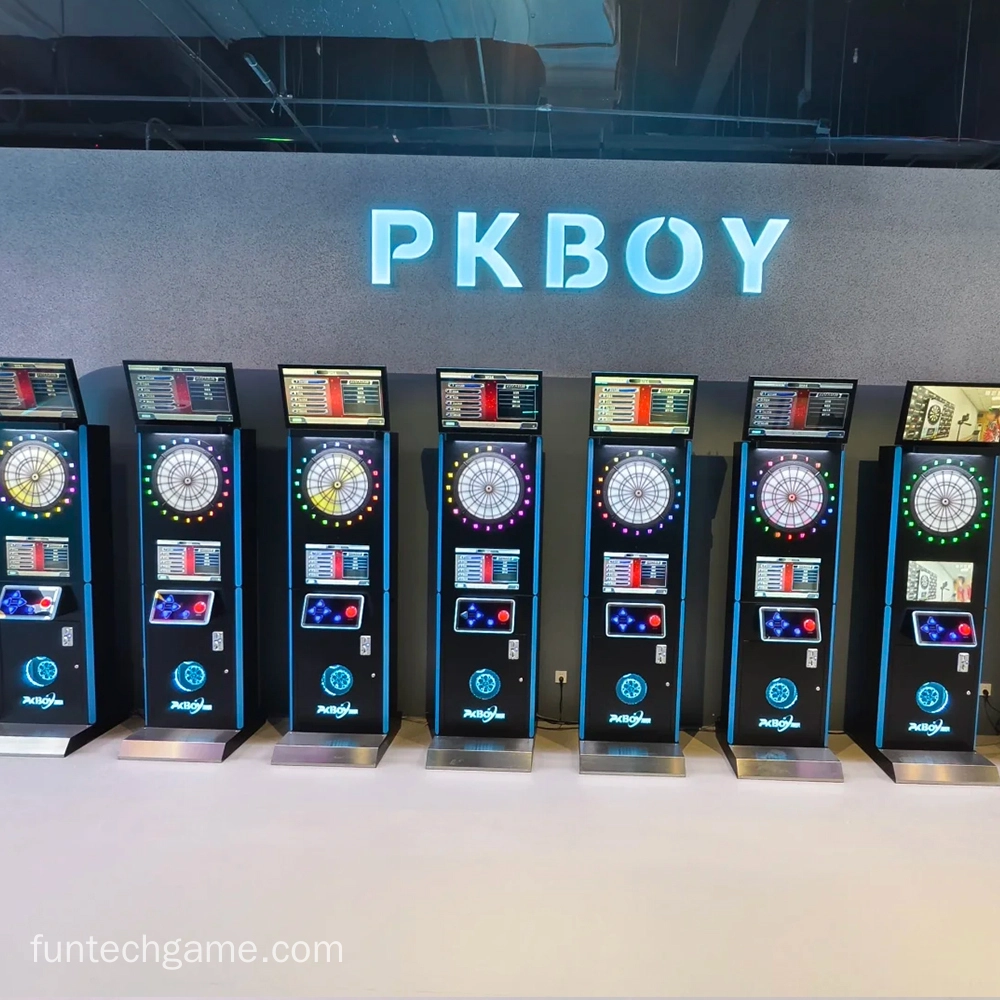 electronic dart machines with illuminated dartboards and screens.