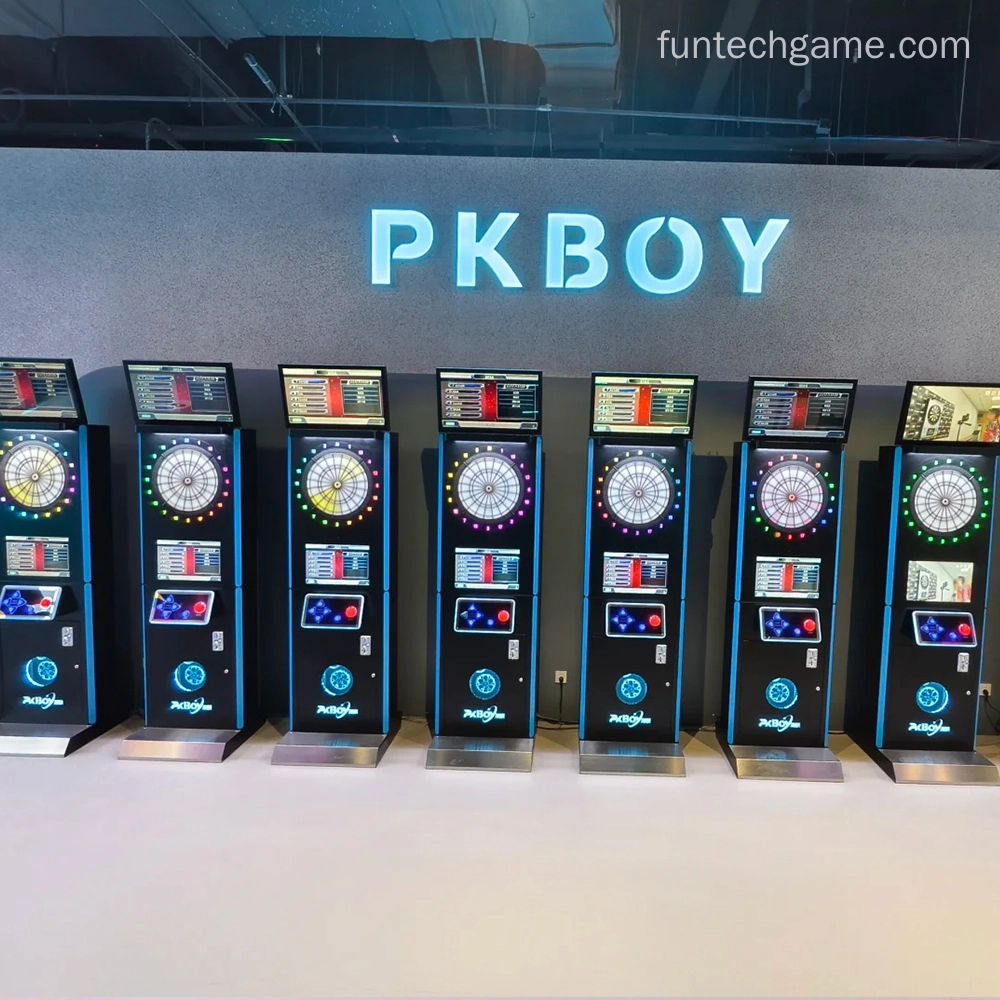 electronic dart machines with illuminated dartboards and screens.