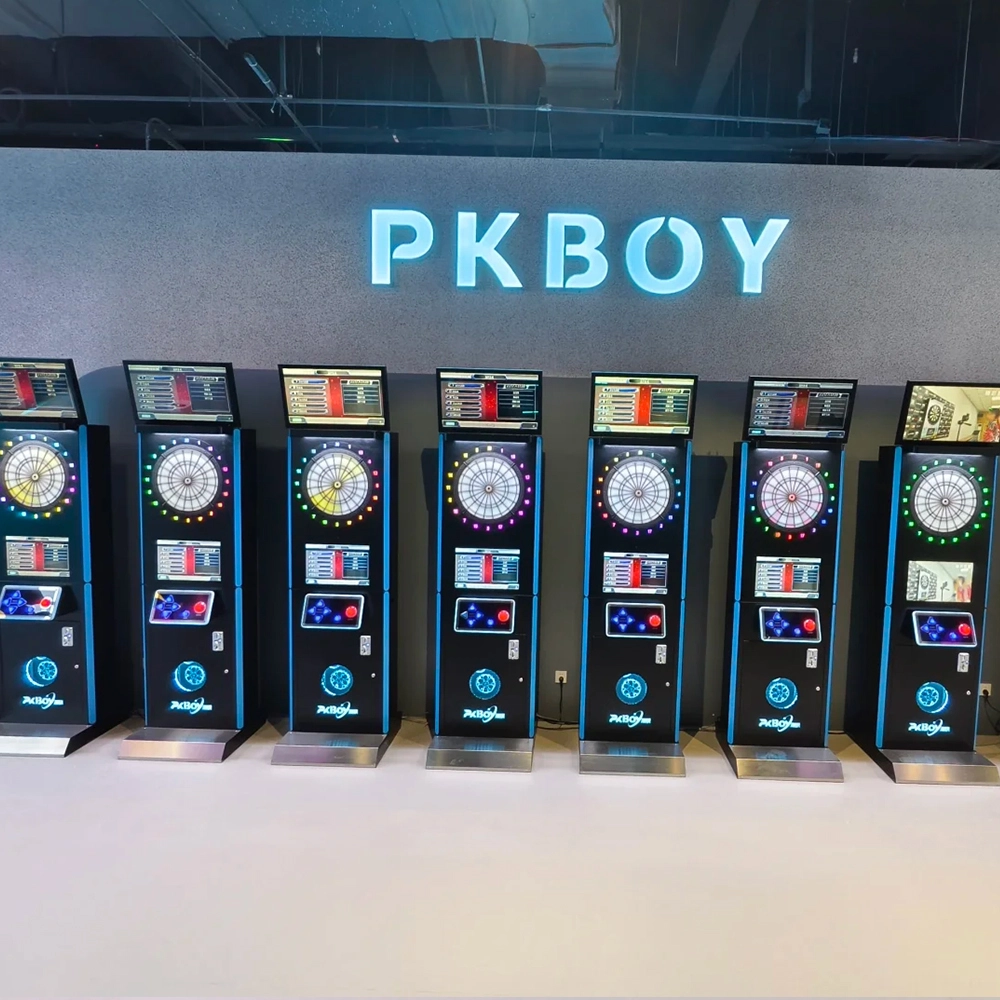 Positive electronic dart machines with illuminated dartboards and screens.