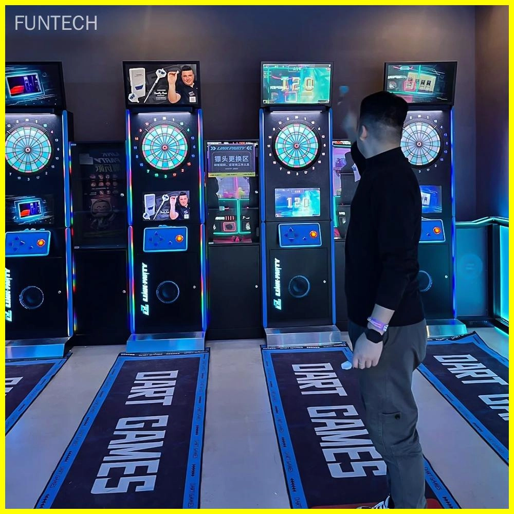Person playing electronic darts in an arcade.