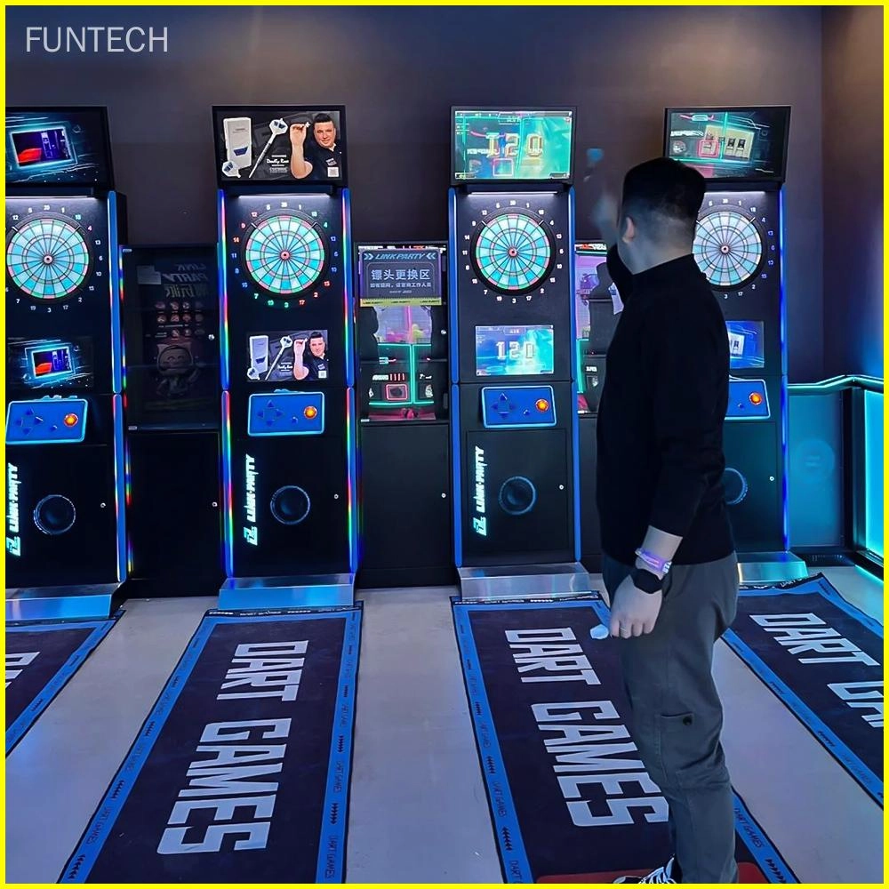 Person playing electronic darts in an arcade.