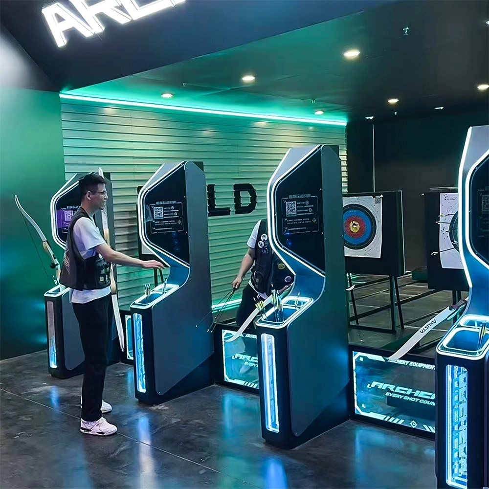 Here's an alt text option for the image:

Archery interactive game center with futuristic stations.