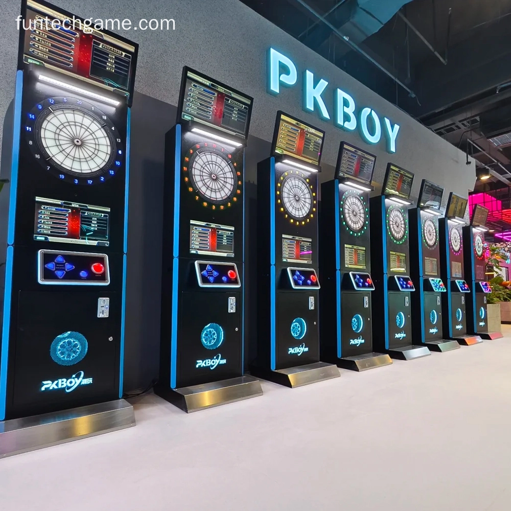 electronic dartboards with digital scoreboards in an arcade setting.