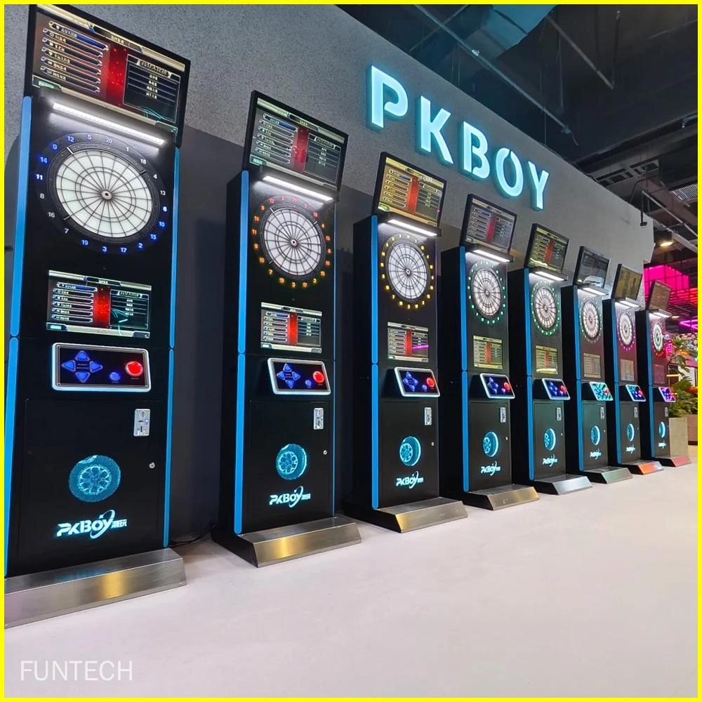electronic dartboards with digital scoreboards in an arcade setting.