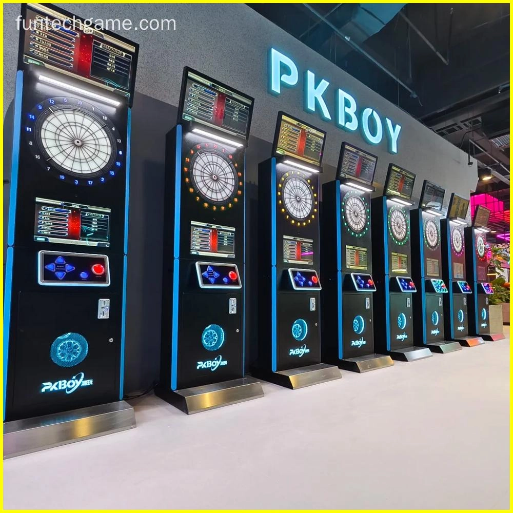 electronic dartboards with digital scoreboards in an arcade setting.
