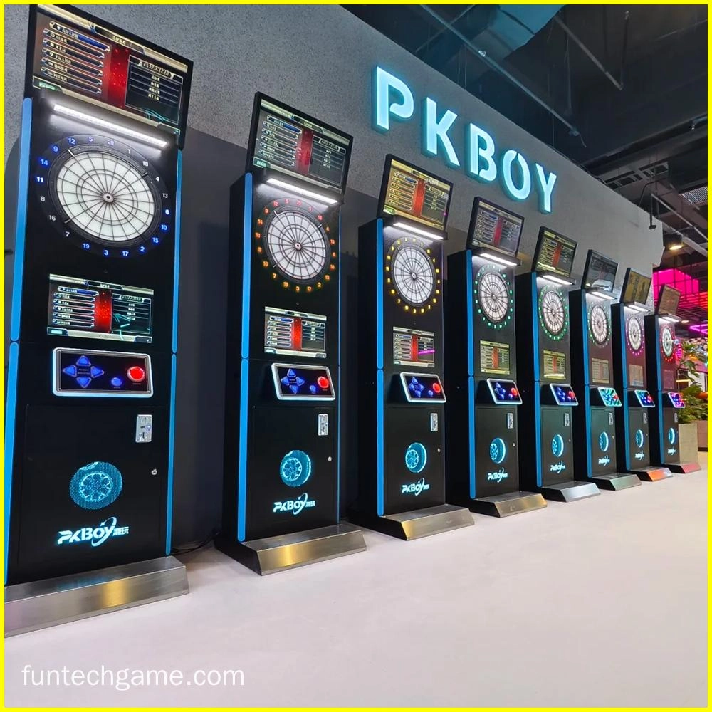 electronic dartboards with digital scoreboards in an arcade setting.