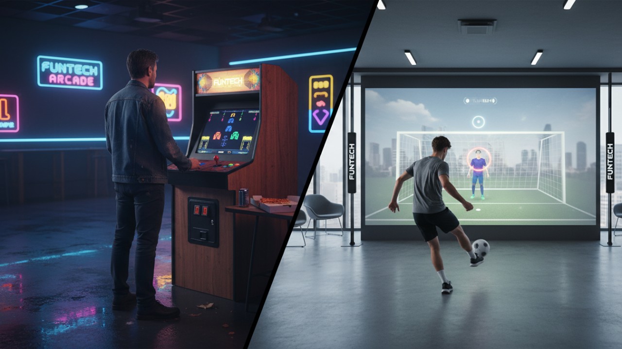 Split view comparing passive traditional arcade play with active interactive sports arcade technology