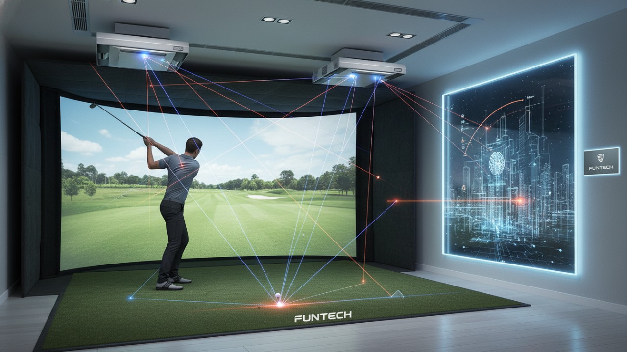 Technical diagram showing sensors and motion tracking in interactive sports technology