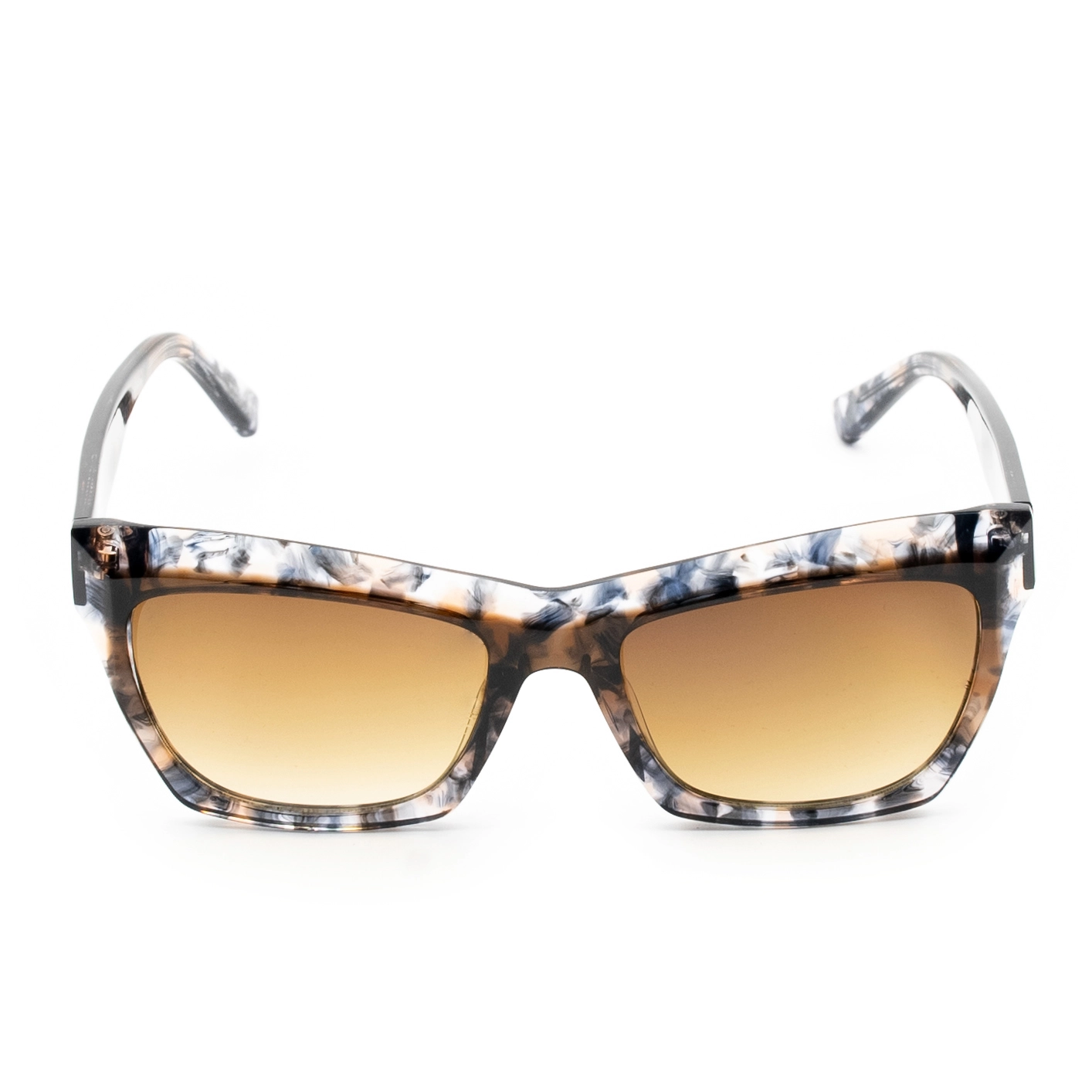 Sunglasses with a marbled blue, brown, and white frame and gradient brown lenses.