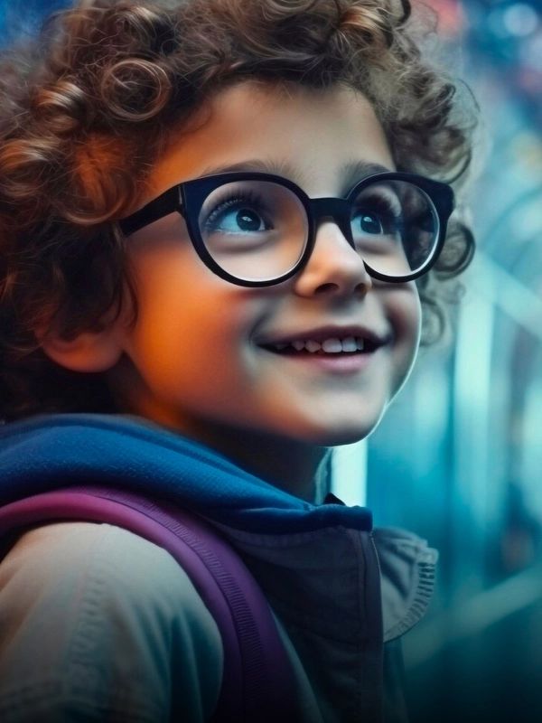 A young boy with curly hair and glasses smiles off to the side. He is wearing a blue and gray jacket and a purple backpack.