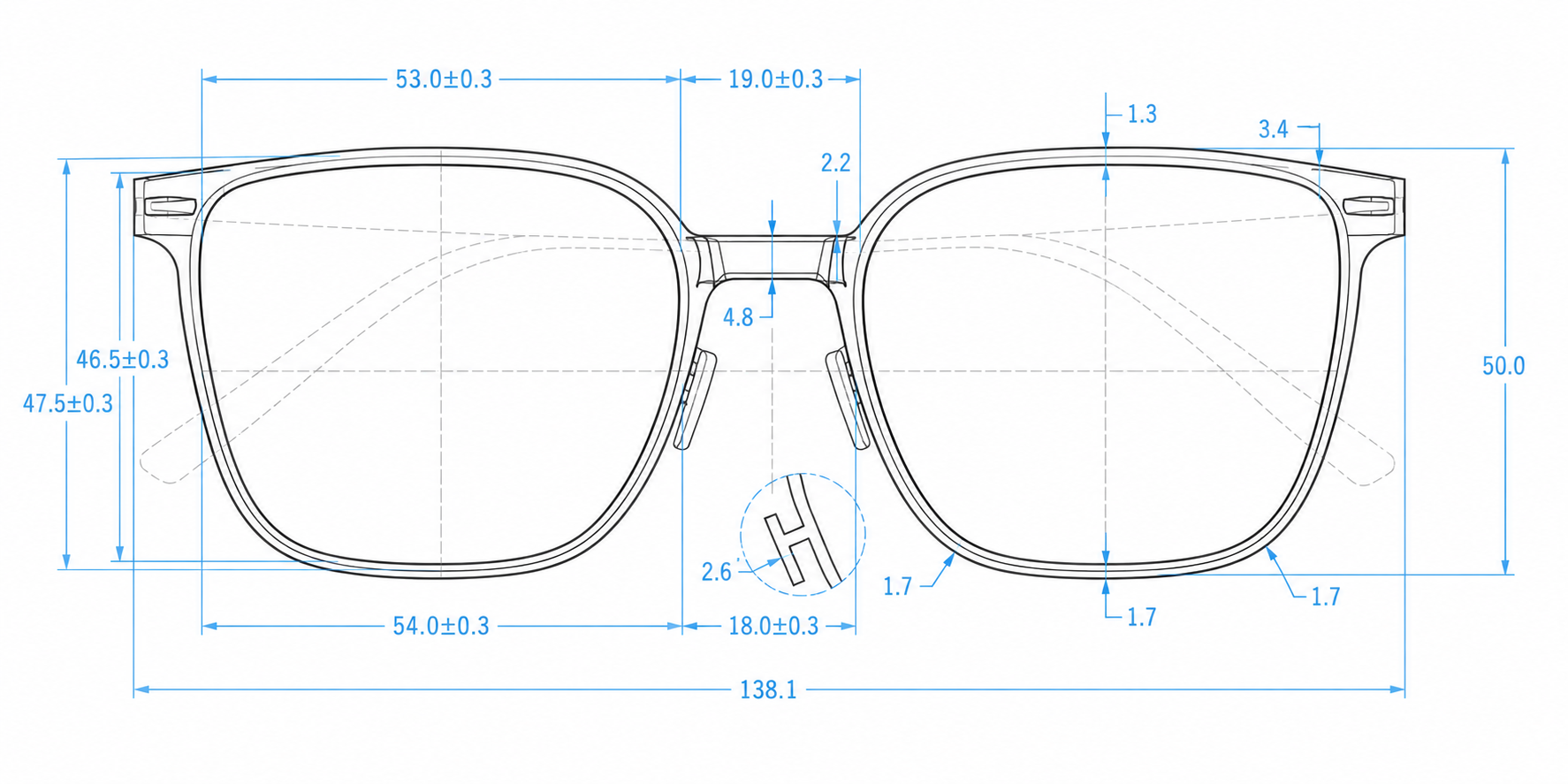 Eyewear dimension measurement example showing key frame measurements