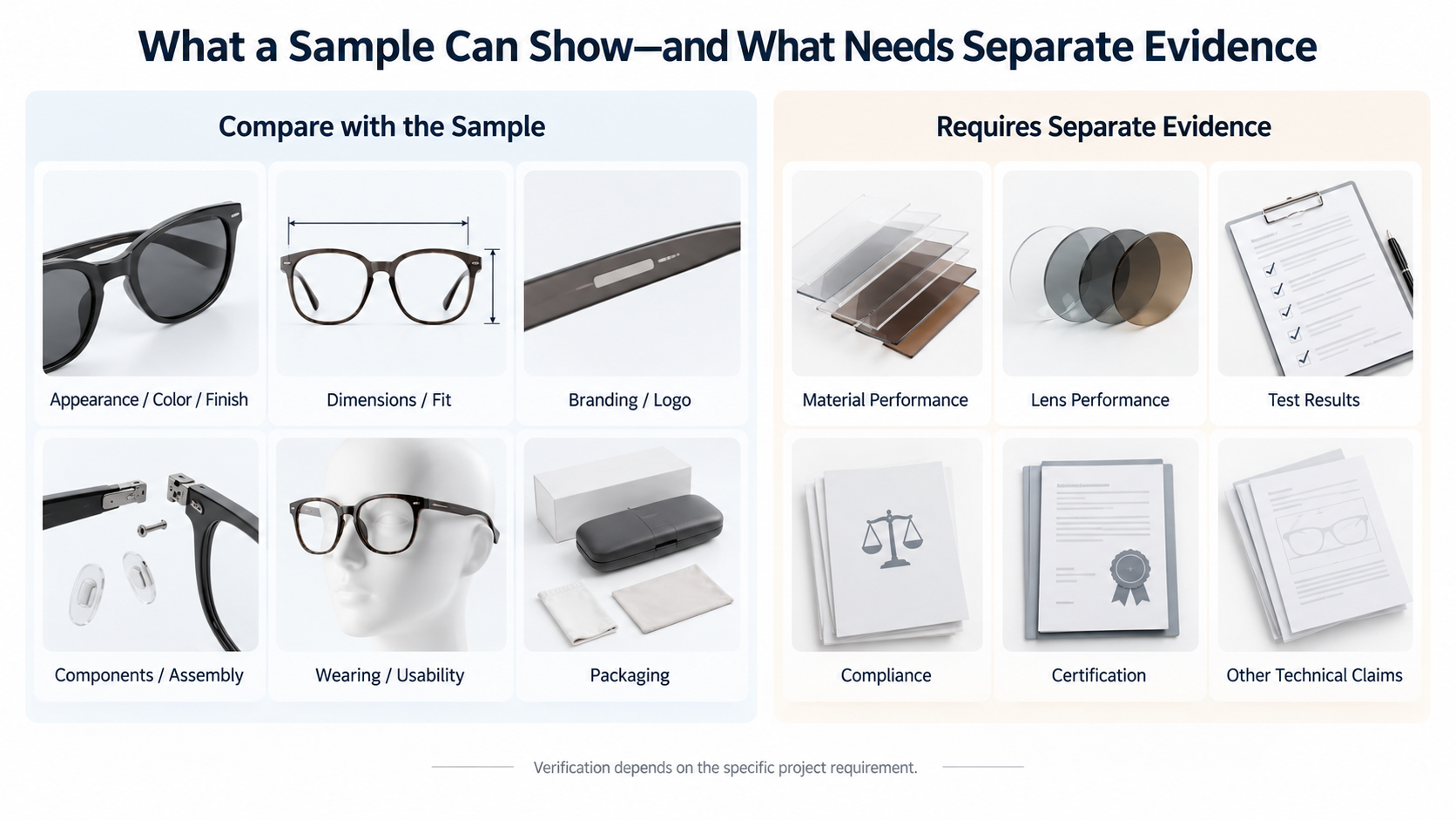 Eyewear sample approval items compared with requirements needing separate evidence Eyewear sample approval items compared with requirements needing separate evidence