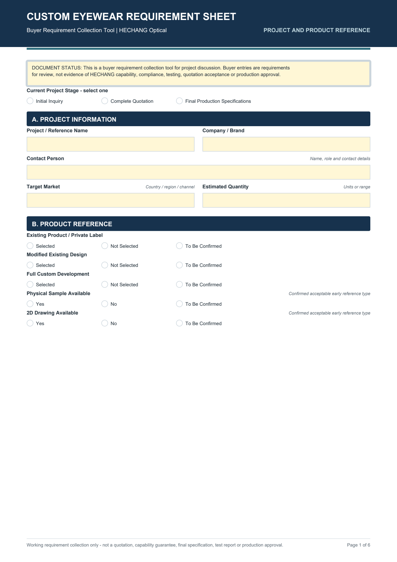 HECHANG Custom Eyewear Requirement Sheet Preview