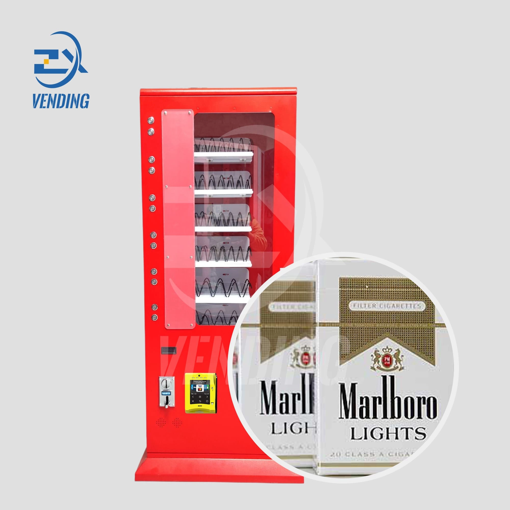 Front-View-of-Floor-Standing-Vending-Machine-with-Cigarette-Placement---Retail-Vending-Solutions,-S Front View of Floor-Standing Vending Machine with Cigarette Placement - Retail Vending Solutions, S