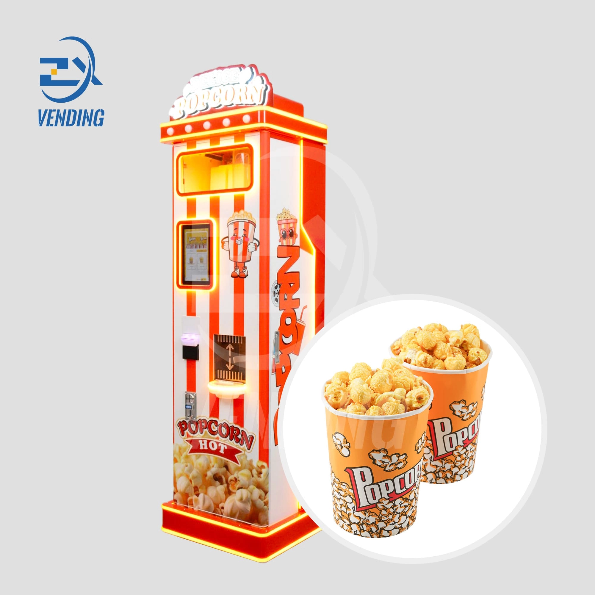 Popcorn Vending Machine - Side View with Two Popcorn Cups Displayed