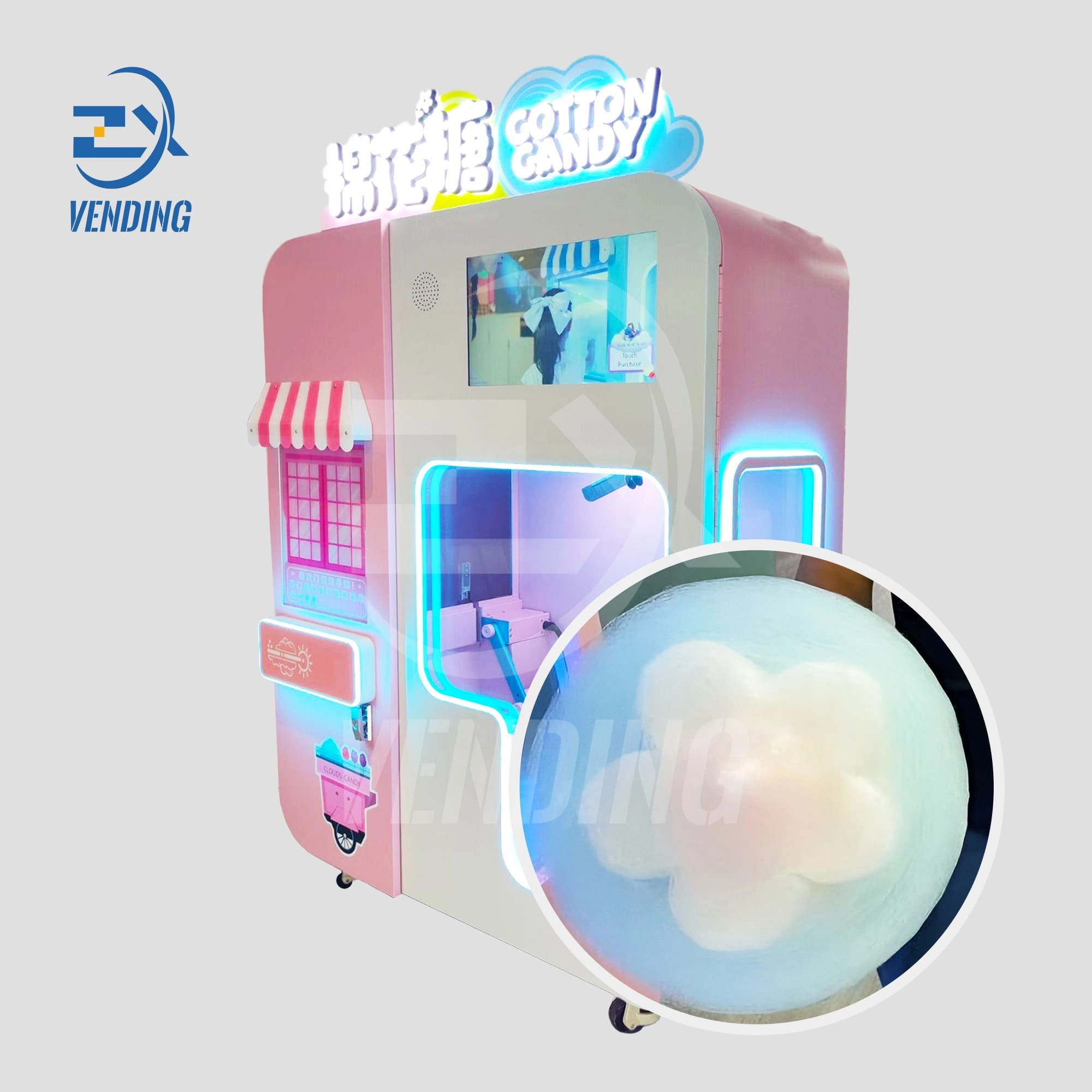 Cotton Candy Vending Machine Side View with Cotton Candy Display - Confectionery Vending Solutions