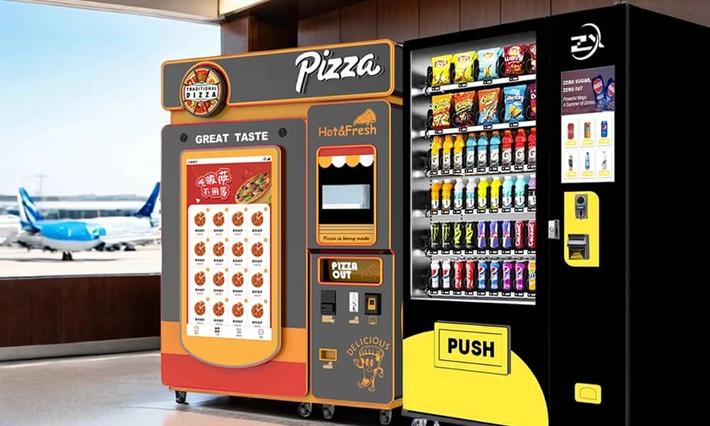 Airport Vending Machine - Travelers Buying Speedy Snack Hub in Terminal