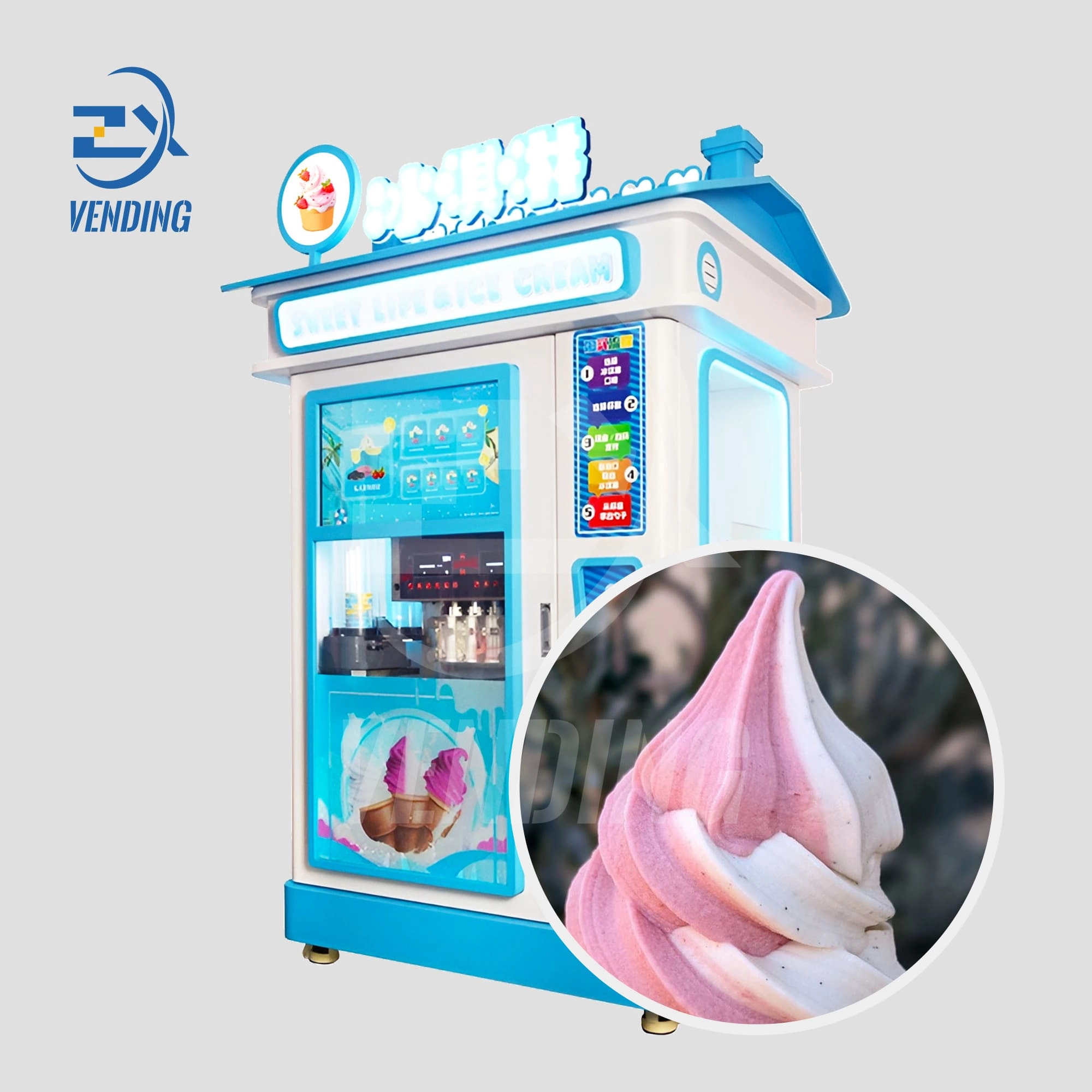 Side View of Ice Cream Vending Machine with Cup - Frozen Treats, Self-Service Kiosk