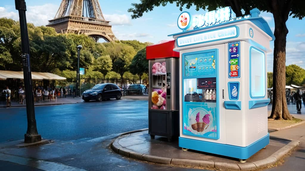 Our ice cream vending machine placed near the iconic Eiffel Tower in Paris, serving a variety of delicious ice cream flavors to tourists