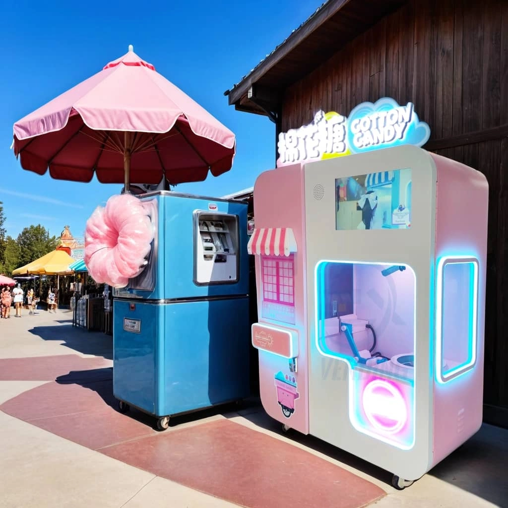 Amusement Park Vending Machine - Families and Kids Purchasing Refreshments Cotton Candy