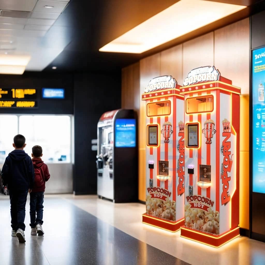 Train Station Vending Machine - Busy Travelers Purchasing Snacks and Drinks