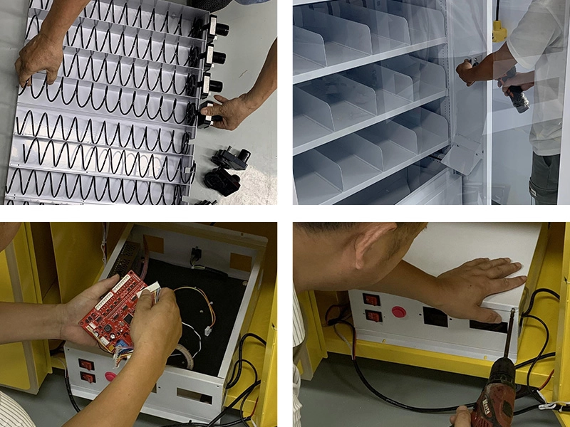 Vending Machine Tray Installation-Detailed view of the installation process for vending machine trays, showcasing the assembly and alignment of product shelves