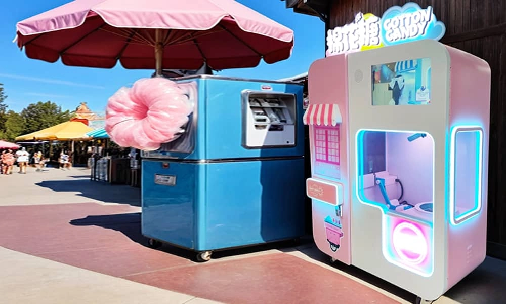 Amusement Park Disneyland Vending Machine - Families and Kids Purchasing Refreshments Cotton Candy