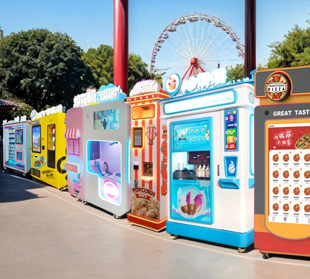 Vending Machines in Park - Pizza, Ice Cream, Popcorn, Cotton Candy, 3D Printed Phone Cases, and Blind Box - Supplier Showcase