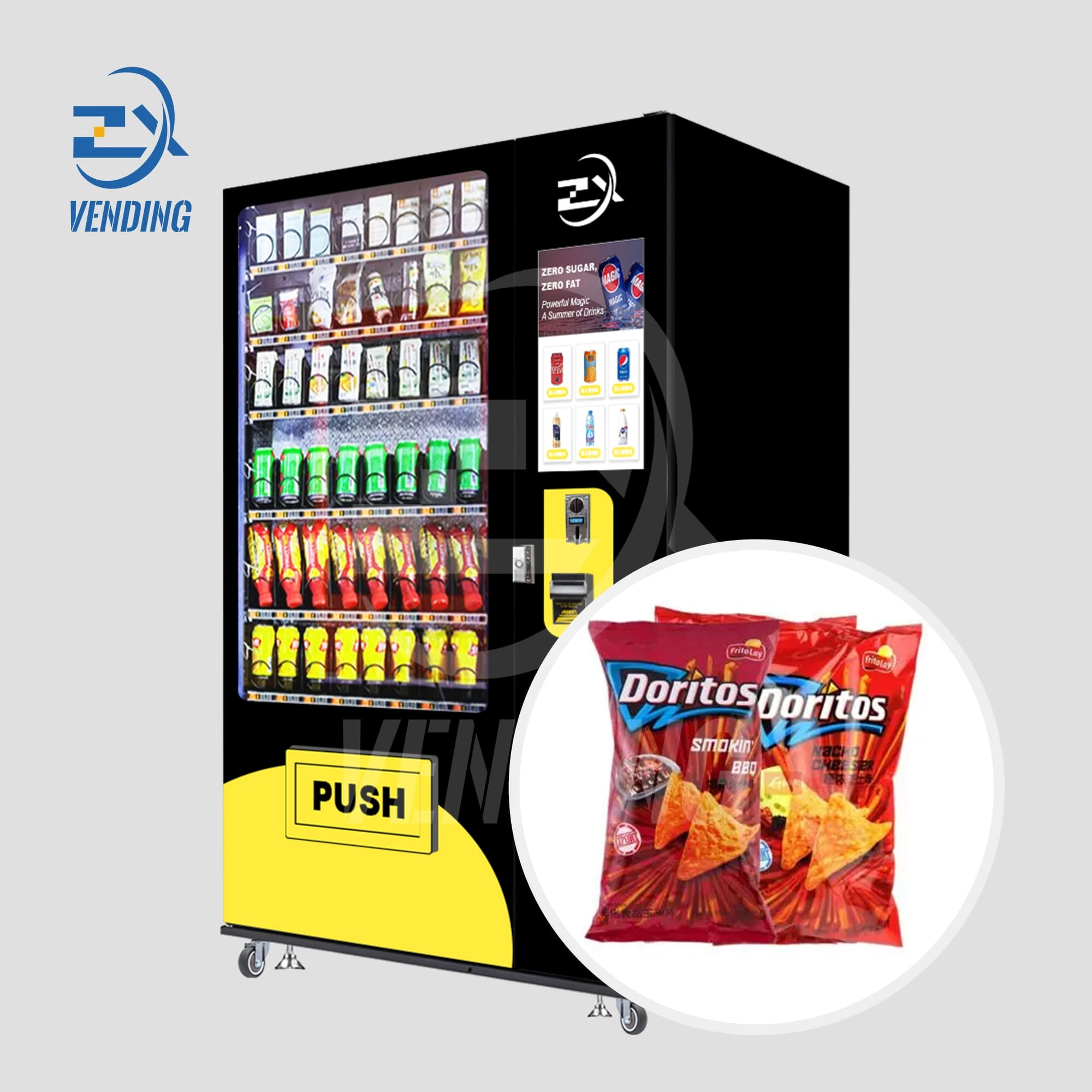 Side View of 21.5-Inch Screen Ambient Vending Machine with Canned Chips - Vending Technology,