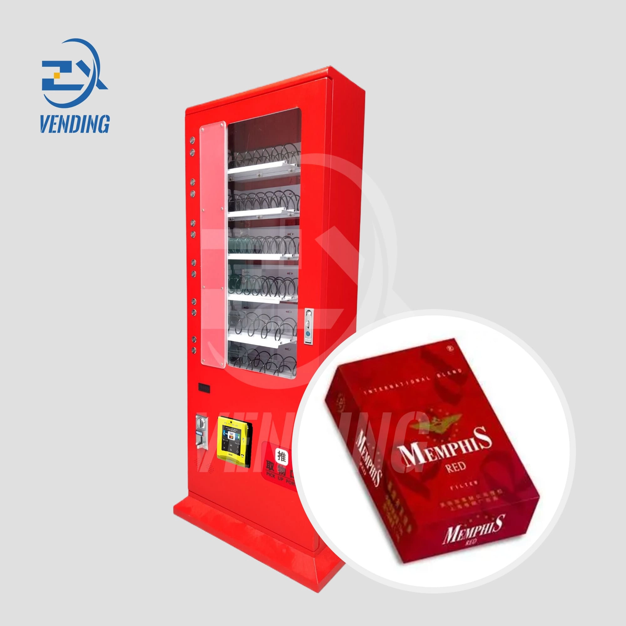 Side View of Floor-Standing Vending Machine with Cigarette Placement - Vending Technology, Convenie