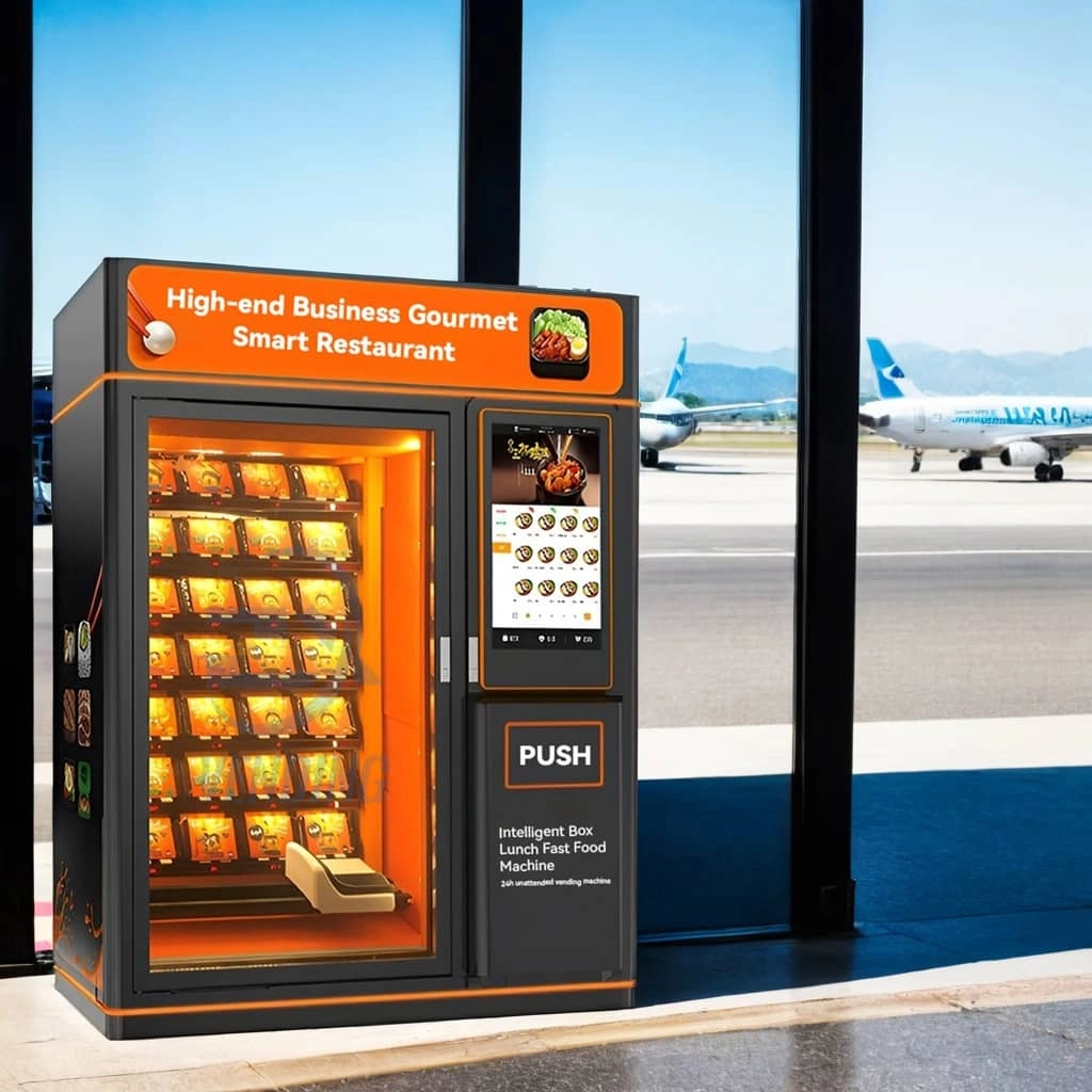 Airport Vending Machine - Travelers Buying Speedy Snack Hub in Terminal