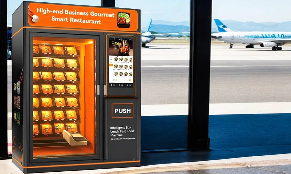 Airport Vending Machine - Travelers Buying Speedy Snack Hub in Terminal (1)