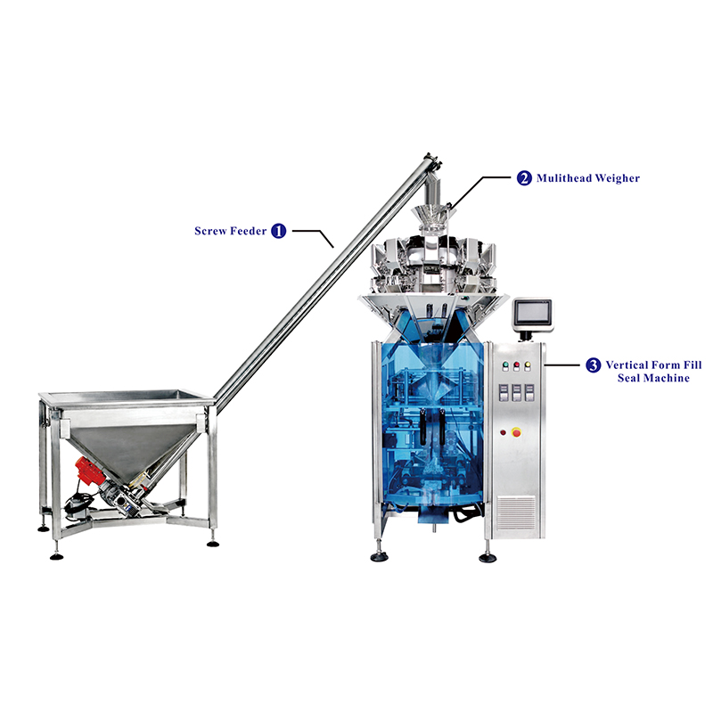 Combined weighing and packaging machine with screw feeder for powder materials-3