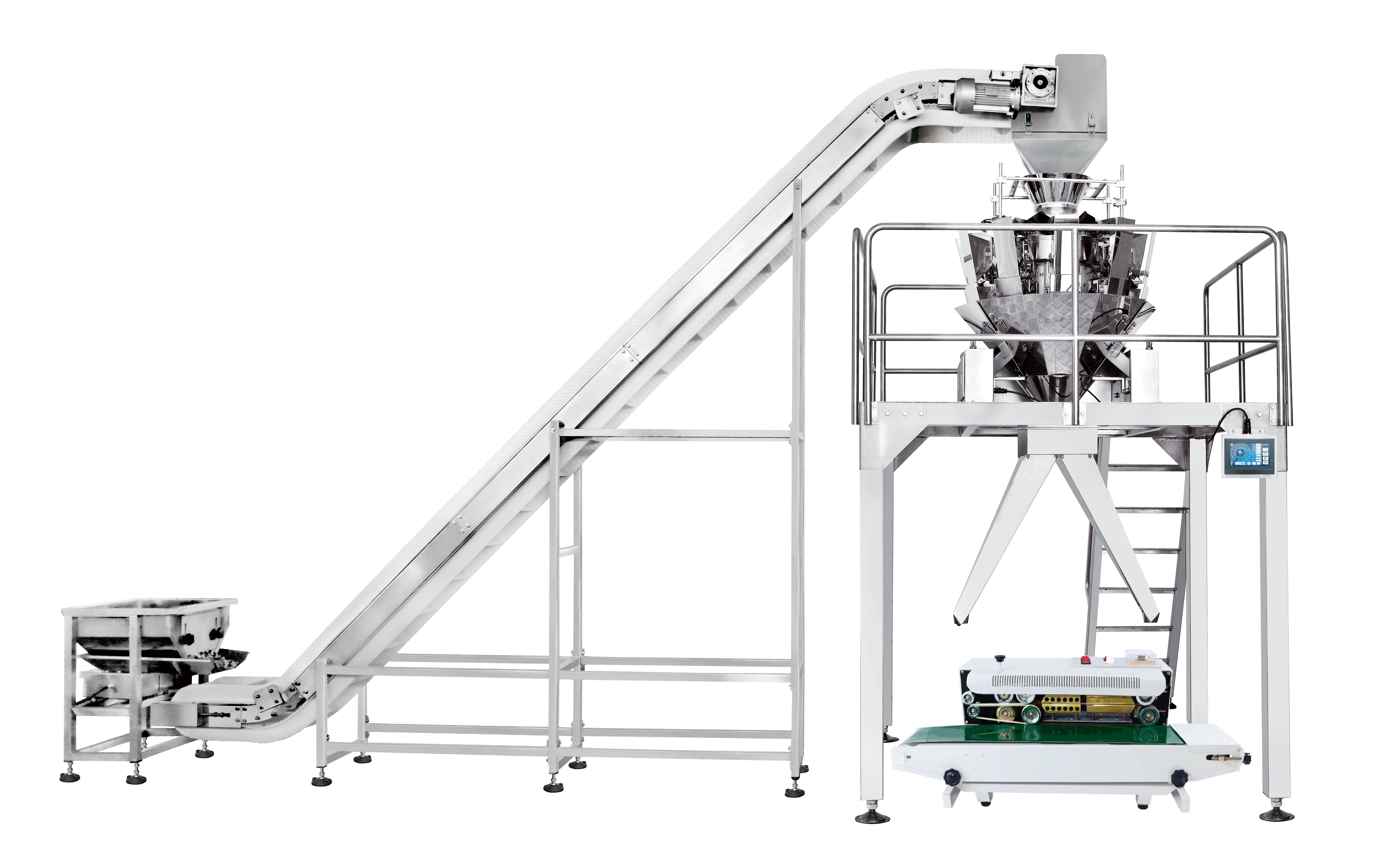 Two-outlet-semi-auto-weighing-and-packing-system-with-inclined-conveyor--JW-B17-1 - Kenwei Two-outlet semi-auto weighing and packing system with inclined conveyor JW-B17-1 - Kenwei