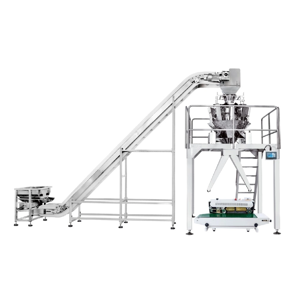 Two-outlet-semi-auto-weighing-and-packing-system-with-inclined-conveyor--JW-B17-8 - Kenwei Two-outlet semi-auto weighing and packing system with inclined conveyor JW-B17-8 - Kenwei