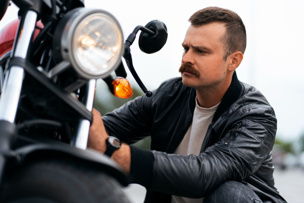 Man with mustache installing motorcycle driving lights on a red motorcycle.