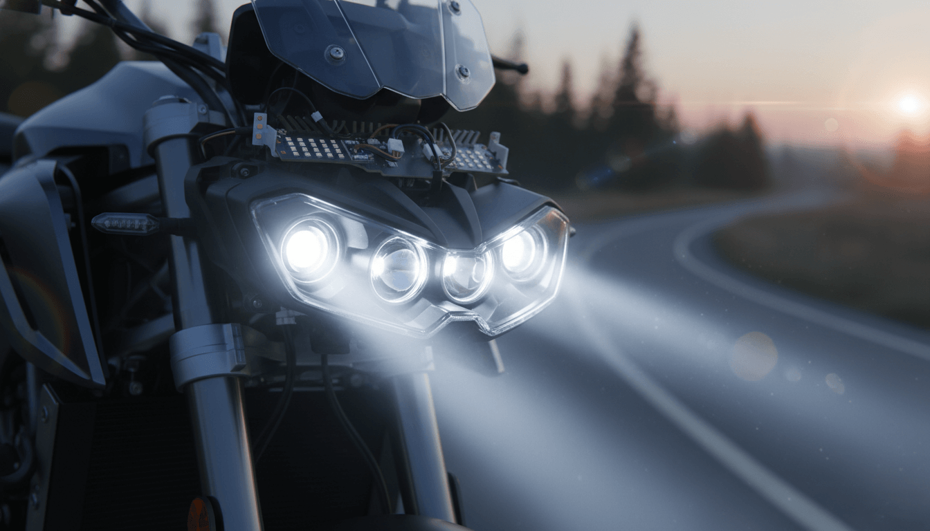 Motorcycle LED Headlights shining brightly on a road.