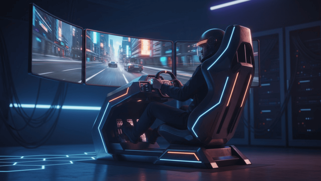 driving arcade game machines Chinese Person using a futuristic racing simulator with three screens displaying a city road.