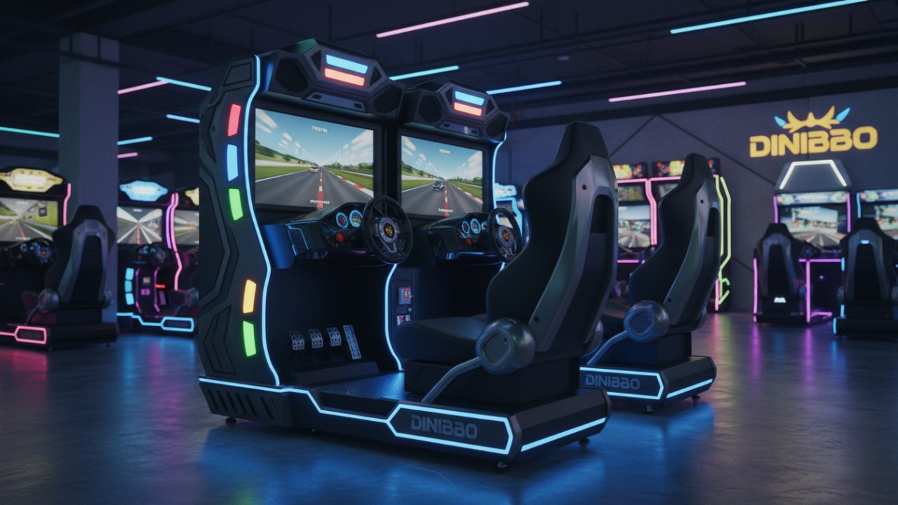 A high end commercial racing arcade machine with dual screens and neon lights in a modern entertainment center