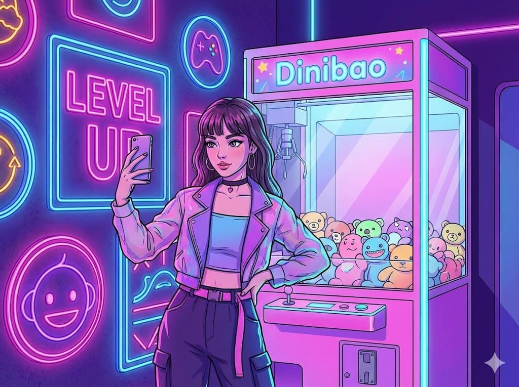 arcade marketing good ideas Cartoon girl taking a selfie in front of a claw machine with neon signs.