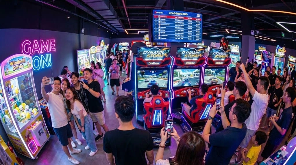 Crowded arcade with racing games, claw machines, and people taking photos. - DINIBAO