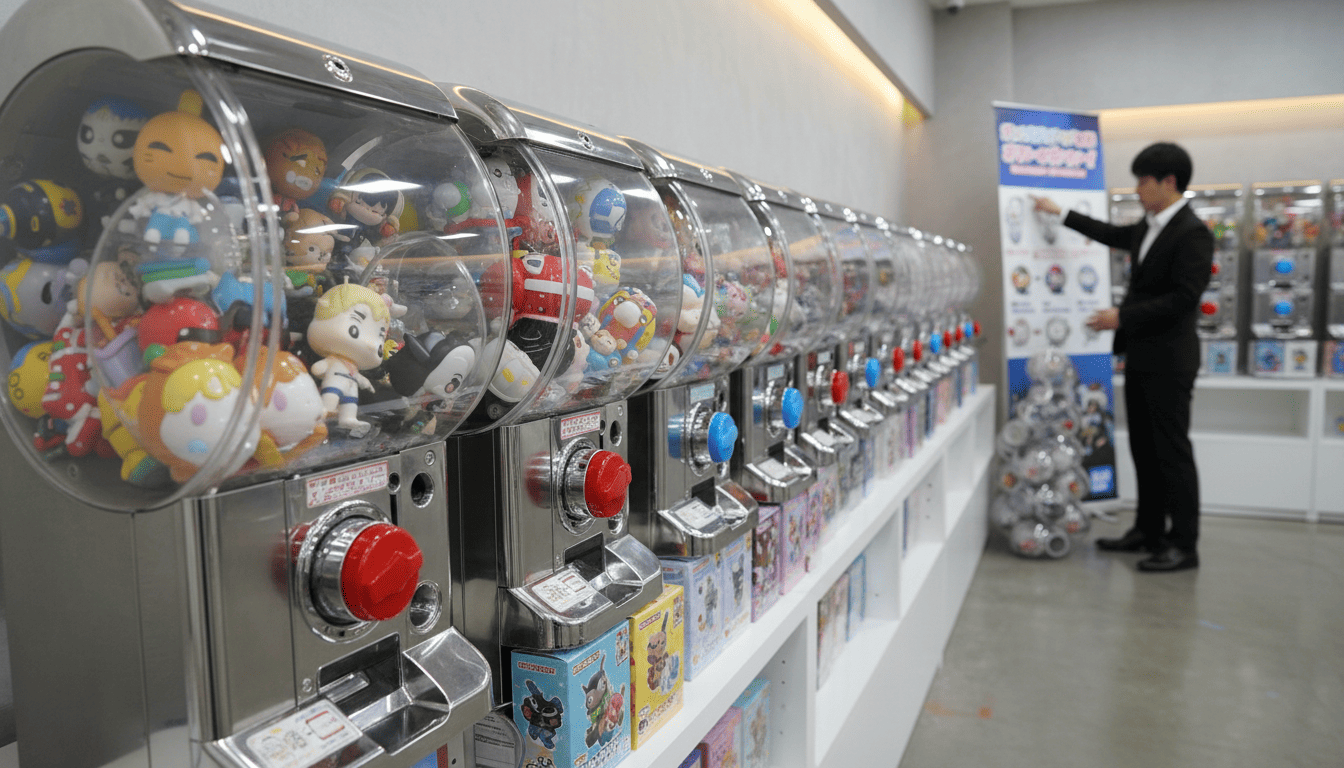 Fila de máquinas expendedoras de juguetes en cápsula Gashapon en una tienda con un hombre de traje cerca.