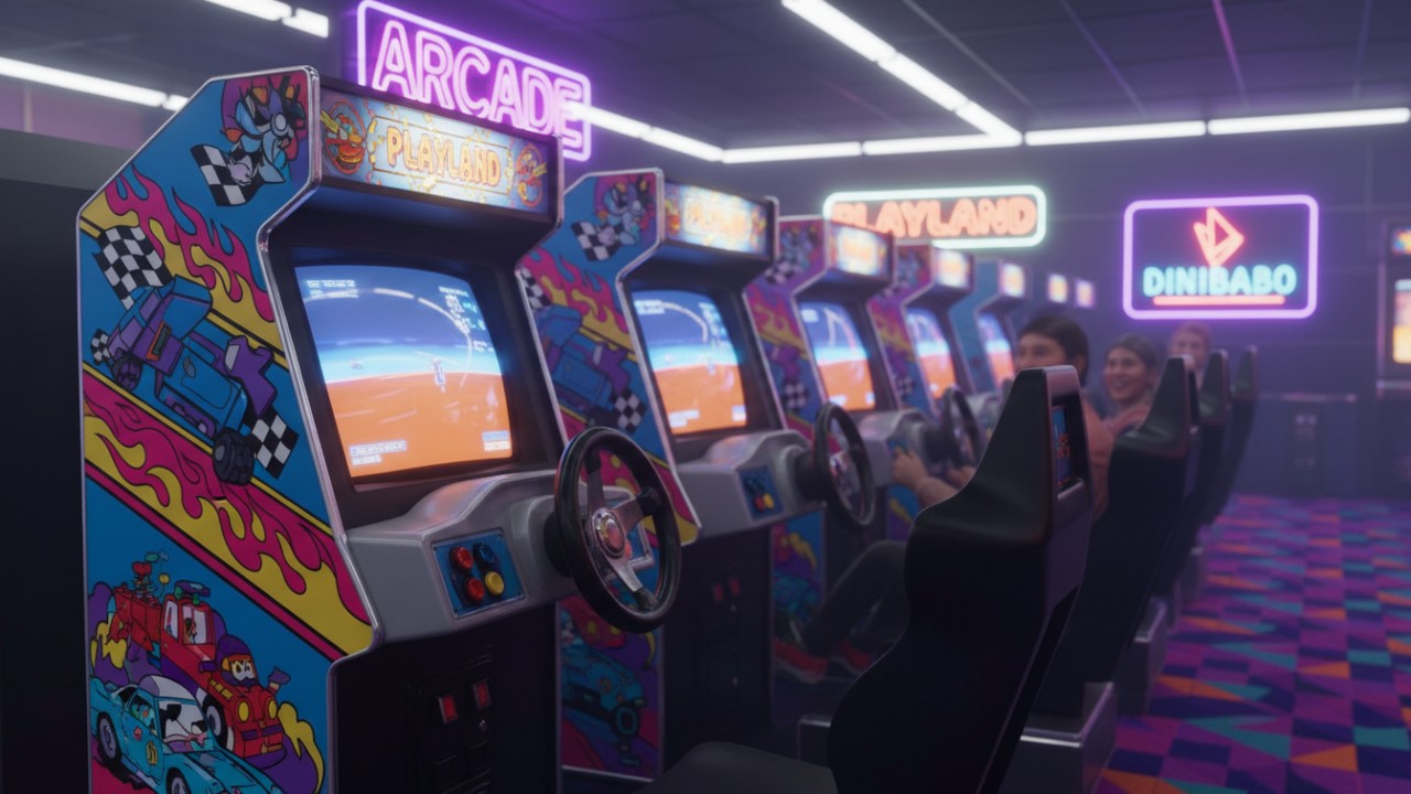 Classic sit down retro racing arcade machines in a nostalgic 90s game room