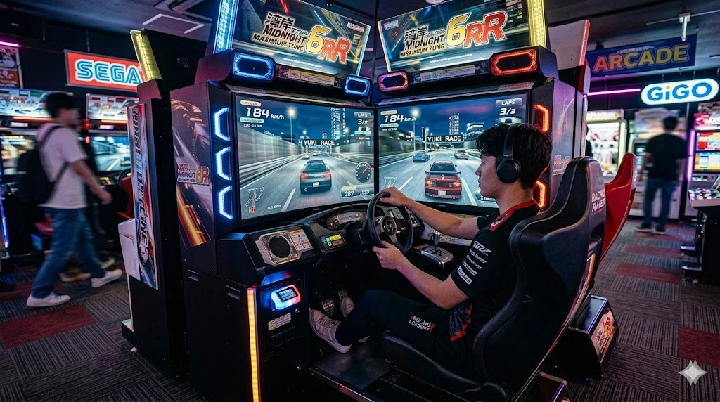 Man playing an arcade racing game, "Wangan Midnight Maximum Tune 6RR," in an arcade. - DINIBAO